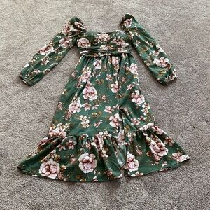 BOG Collective Green Floral Puff Sleeve Midi Dress SIZE S – Romantic Boho Style